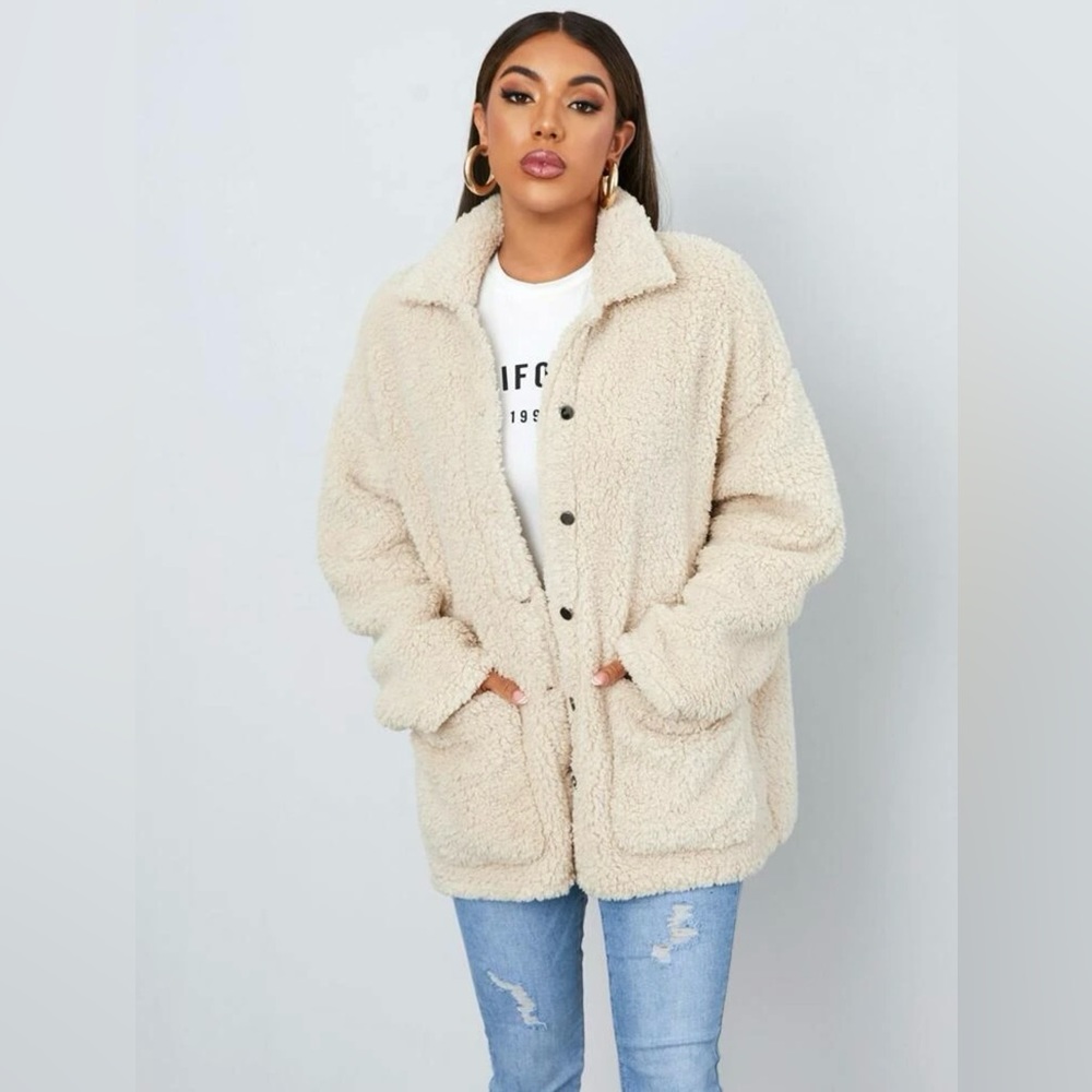 Collared Single Breasted Button Down Up Double Pocket Front Teddy Coat Apricot M